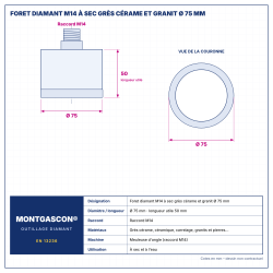 Plan technique coté – Foret diamant M14 Montgascon® à sec grès cérame et granit Ø 75 mm