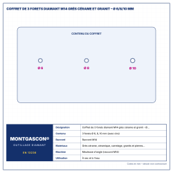 Plan technique coté – Coffret de 3 forets diamant M14 Montgascon® grès cérame et granit – Ø 6/8/10 mm