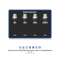 Coffret de 4 forets diamant M14 Montgascon® grès cérame et granit – Ø 35/40/50/68 mm