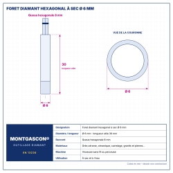 Plan technique coté – Foret diamant hexagonal Montgascon® à sec Ø 6 mm