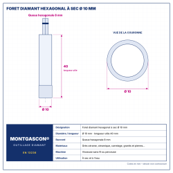 Plan technique coté – Foret diamant hexagonal Montgascon® à sec Ø 10 mm