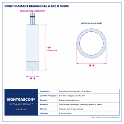 Plan technique coté – Foret diamant hexagonal Montgascon® à sec Ø 14 mm