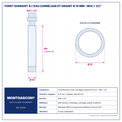 Plan technique coté – Foret diamant à l'eau Montgascon® carrelage et granit Ø 15 mm – M14 + 1/2"