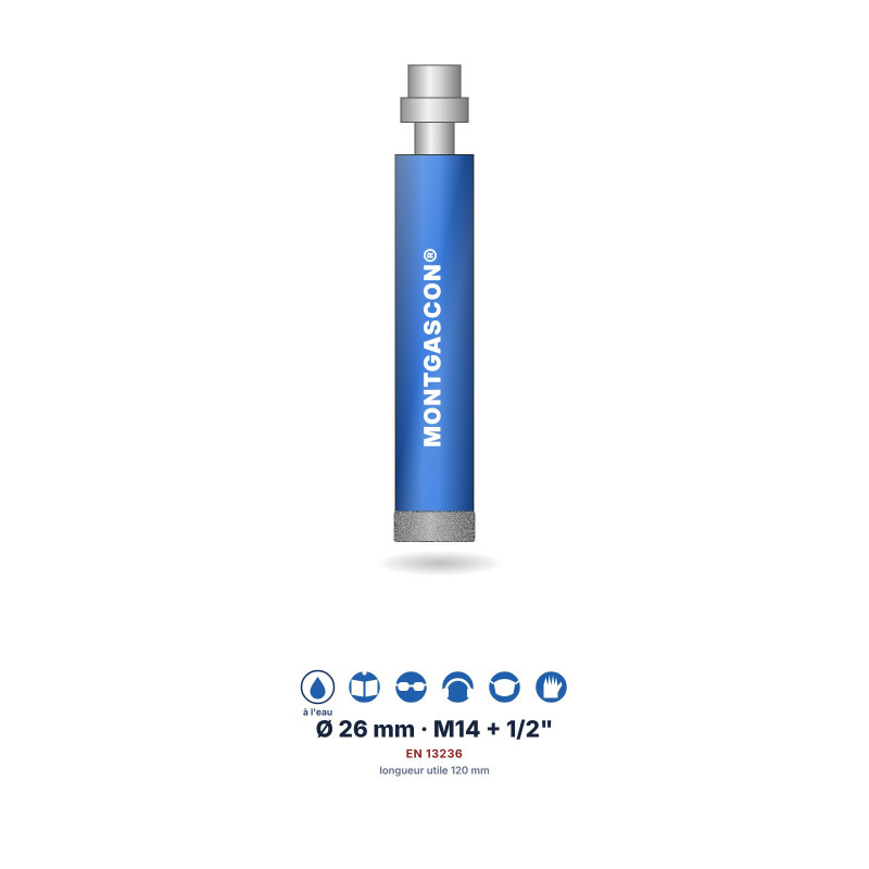 Foret diamant à l'eau Montgascon® carrelage et granit Ø 26 mm – M14 + 1/2"