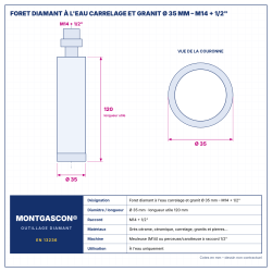 Plan technique coté – Foret diamant à l'eau Montgascon® carrelage et granit Ø 35 mm – M14 + 1/2"