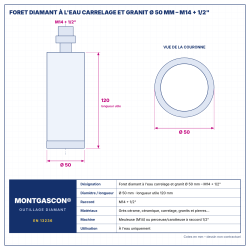 Plan technique coté – Foret diamant à l'eau Montgascon® carrelage et granit Ø 50 mm – M14 + 1/2"