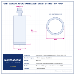 Plan technique coté – Foret diamant à l'eau Montgascon® carrelage et granit Ø 55 mm – M14 + 1/2"