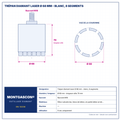 Plan technique coté – Trépan diamant laser Montgascon® Ø 68 mm – blanc, 8 segments