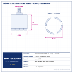 Plan technique coté – Trépan diamant laser Montgascon® Ø 82 mm – rouge, 4 segments