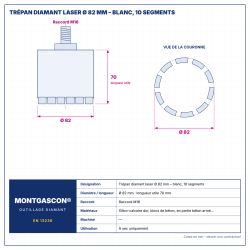 Plan technique coté – Trépan diamant laser Montgascon® Ø 82 mm – blanc, 10 segments