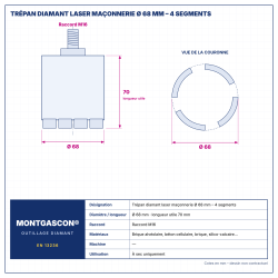 Plan technique coté – Trépan diamant laser maçonnerie Montgascon® Ø 68 mm – 4 segments
