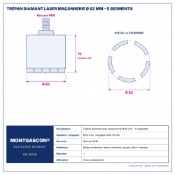 Plan technique coté – Trépan diamant laser maçonnerie Montgascon® Ø 82 mm – 5 segments