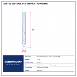 Plan technique coté – Foret de centrage Montgascon® Ø 6,5 mm pour trépans M16