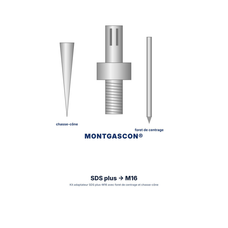Kit adaptateur Montgascon® SDS plus-M16 avec foret de centrage et chasse-cône