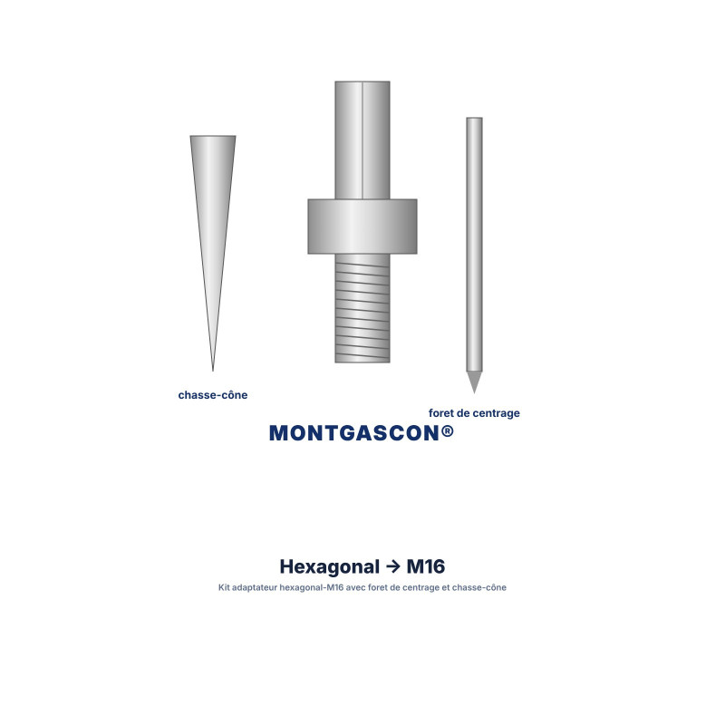 Kit adaptateur Montgascon® hexagonal-M16 avec foret de centrage et chasse-cône