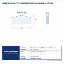 Plan technique coté – Segment diamant de carottage Montgascon® pour couronnes Ø 72 à 87 mm