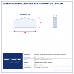 Plan technique coté – Segment diamant de carottage Montgascon® pour couronnes Ø 107 à 142 mm