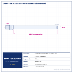 Plan technique coté – Carottier diamant Montgascon® 1 1/4" Ø 35 mm – béton armé