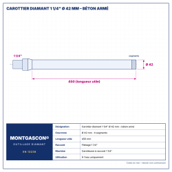 Plan technique coté – Carottier diamant Montgascon® 1 1/4" Ø 42 mm – béton armé