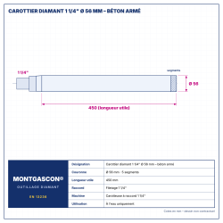 Plan technique coté – Carottier diamant Montgascon® 1 1/4" Ø 56 mm – béton armé