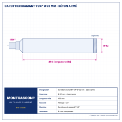 Plan technique coté – Carottier diamant Montgascon® 1 1/4" Ø 92 mm – béton armé