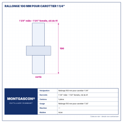 Plan technique coté – Rallonge Montgascon® 100 mm pour carottier 1 1/4"