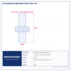 Plan technique coté – Rallonge Montgascon® 500 mm pour carottier 1 1/4"